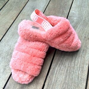 UGG Fluff Yeah Fuzzy Sheepskin Slide Slippers Back Strap Pink Rose Women’s sz 7